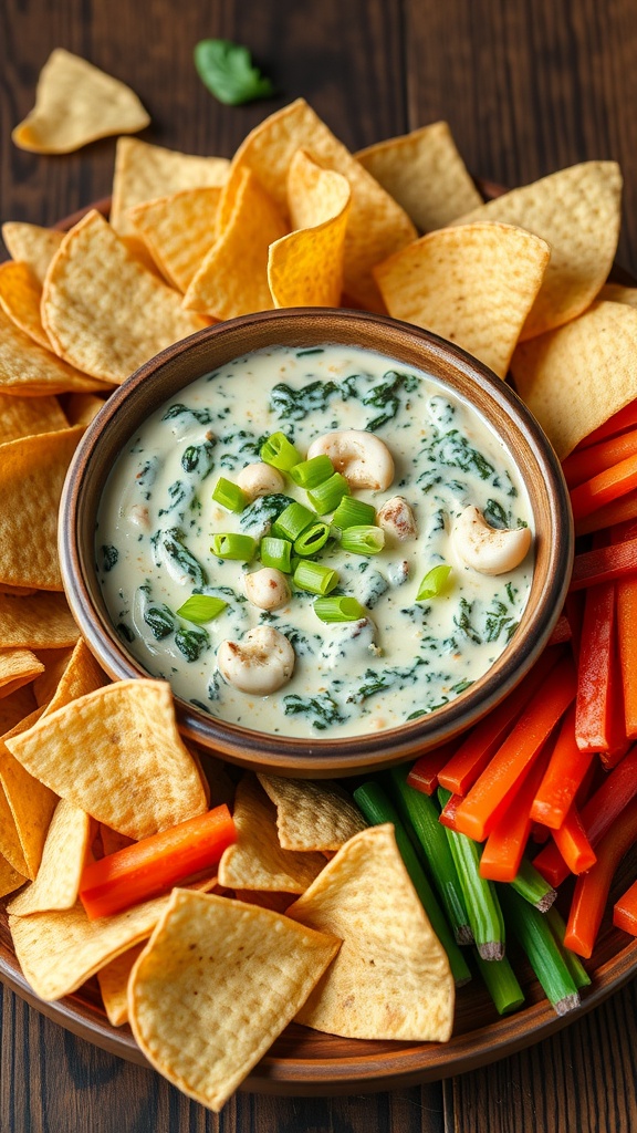 Creamy spinach and water chestnut dip with green onion garnish, served with tortilla chips and fresh veggies.